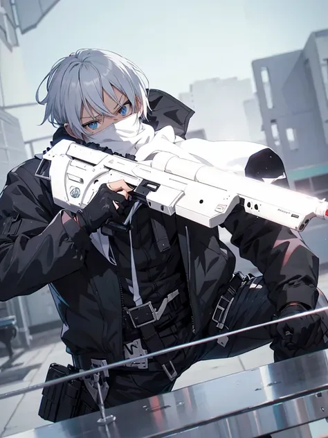 anime character with gun in hand and scarf, an anime drawing inspired by Okumura Togyu, trends on pixiv, neoism, trigger anime art style, Anime main art, white  hair, best 4k konachan anime wallpaper, an angry teenage killer, de white  hair, male anime cha...