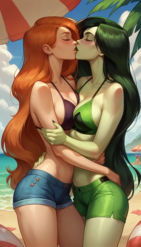 score_9, score_8_up, score_8_up, source_cartoon, 2girls, (Kim Possible, orange-red hair, long flowing hair:1.0), (Shego, black, long flowing hair:1.0), girlfriends, cleavage, bikini top, shorts, beach, outdoors, standing, hugging, kissing, blush.