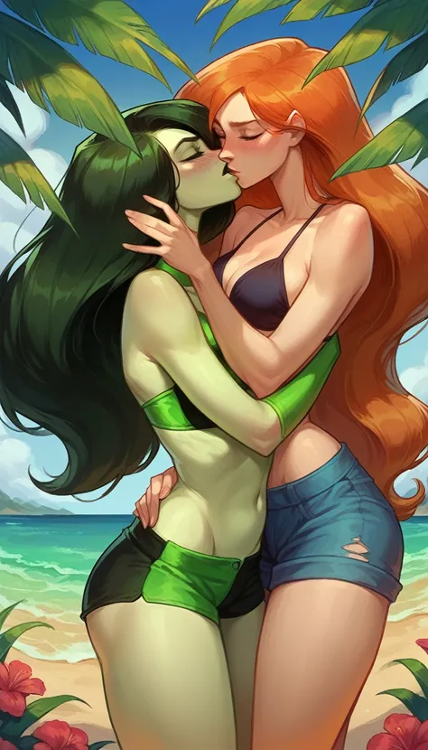 score_9, score_8_up, score_8_up, source_cartoon, 2girls, (Kim Possible, orange-red hair, long flowing hair:1.0), (Shego, black, long flowing hair:1.0), girlfriends, cleavage, bikini top, shorts, beach, outdoors, standing, hugging, kissing, blush.