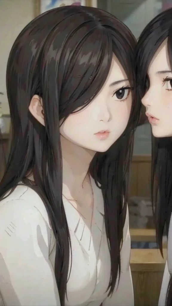 mommy with 4 daughter,black hair, long hair, (hair over one eye:1.4), messy hair, hair between eyes, chubby cheek,sexy lips, puc...