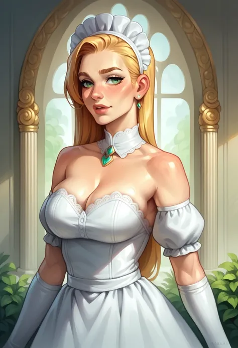 (masterpiece), (Highest quality), (Super detailed), image_type: Portraiture | Sexy big boobs cleavage: fashion | emotion: elegant | scene: A young girl in a yellow and white maid outfit stands elegantly in an elegantly decorated interior room | Beautiful l...