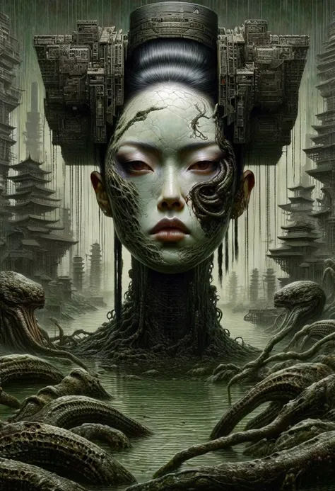 - jaime vives piqueres - half body portrait, lovecraftian cyberpunk geisha in swamp multiverse, by andrei riabovitchev, by vikto...