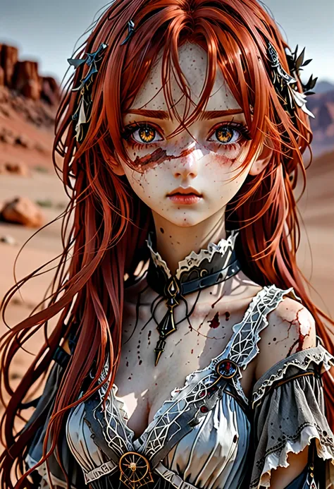 gentle beautiful girl, age 19, messy red hair, brown and gray heterochromia, ((tattered desert dress)), anatomically correct body, 8 life size, hourglass body, little smile, intimate, open minded, anime girl, face Clean detailed, intricated clothing, simil...