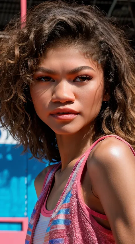 zendaya, beautiful mature american college girl, in pink basketball jersey, inside the basketball court, curly straight hair, br...