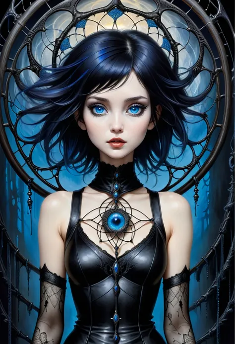 (master part, best quality), 1senhora, standing alone, (lo gothic), dreamcatcher, vampyre, short black hair, loose waves, blue c...