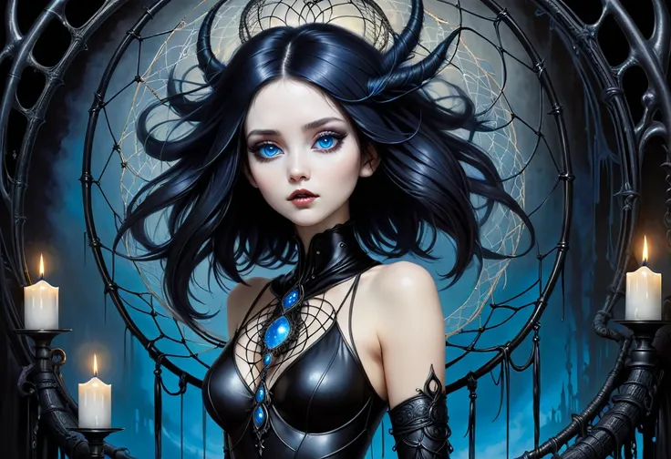 (master part, best quality), 1senhora, standing alone, (lo gothic), dreamcatcher, vampyre, short black hair, loose waves, blue c...