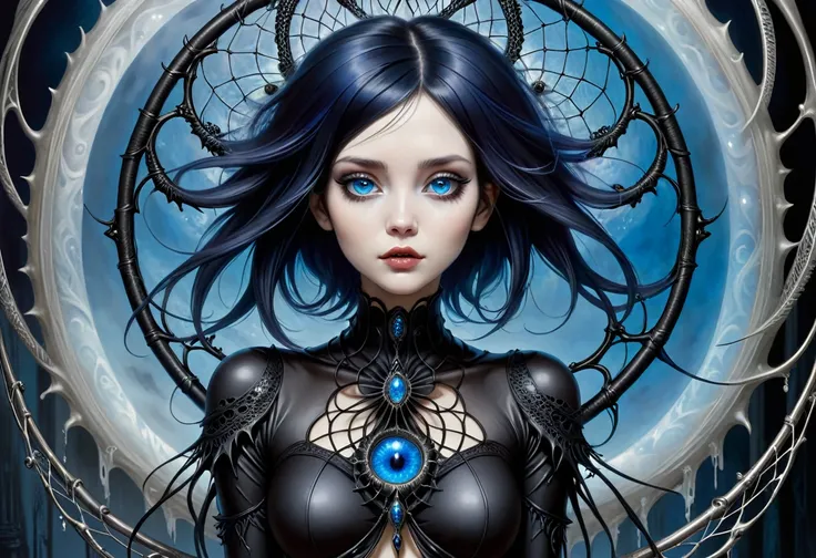 (master part, best quality), 1senhora, standing alone, (lo gothic), dreamcatcher, vampyre, short black hair, loose waves, blue c...