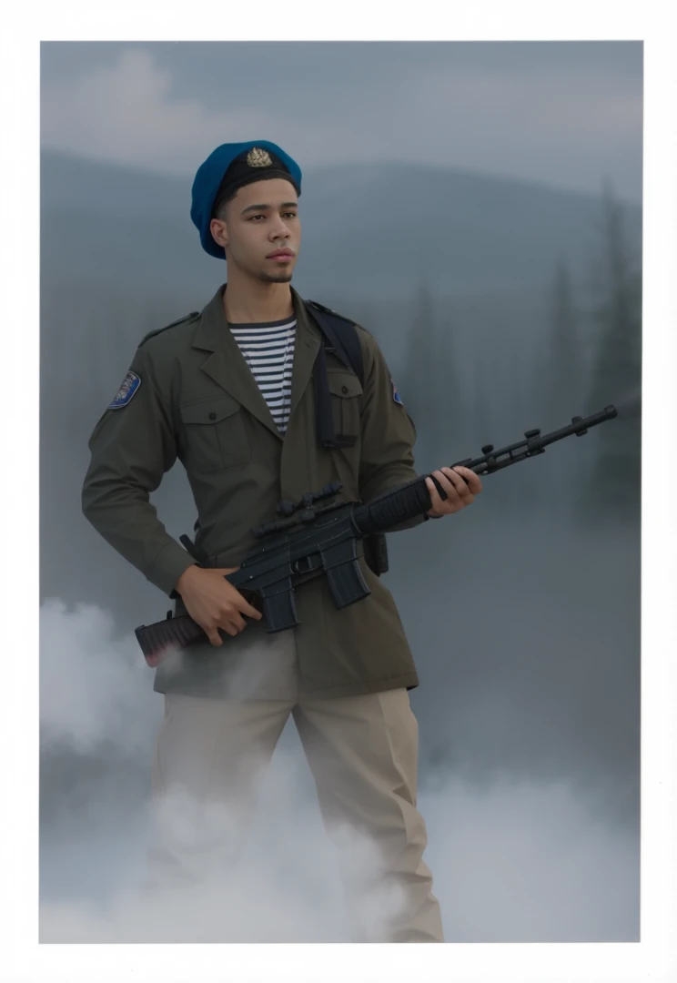 A man stands with a gun , light skin color , a Slav 