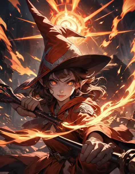 A cute hot elf girl fire mage, dramatic explosions of fire magic, mage hat, smirky expression, battle stance, dark robe, mage staff, detailed face, beautiful detailed eyes, beautiful detailed lips, extremely detailed hands, extremely detailed eyes and face...