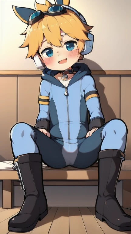 2D Boy Shota，One-piece mountaineering suit，Slim, healthy body，Put the headphones on your head，Sitting，goggles，Rabbit ears，happy，Sailor collar，tie，Zipper pulled down，boots，hood，blush，dormitory