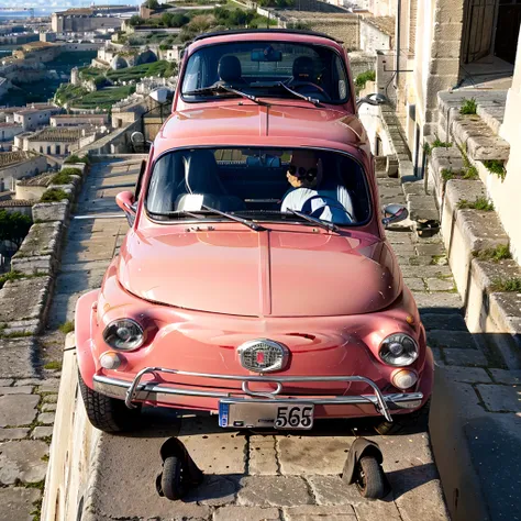 (fiat500, classical old italian fiat 500 car, sassi_di_matera), [view from afar, top view]. a small bright pink-fucsia car. the ...