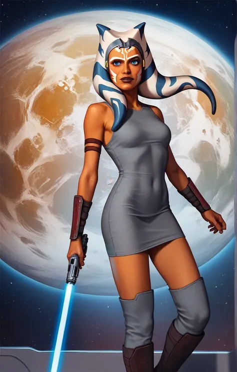 masterpiece, best quality, (1girl), ahsoka_rebels, alien,1girl, pose with dual light saber, cowboy shot, space background, planet, galaxy, grey dress, boots, blue eyes, detailed eyes, space ship interior, scifi