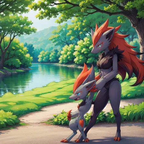 zoroark, pokemon (creature),forest, lake,