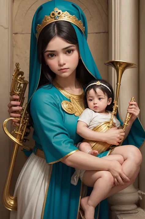 create an illustration of Our Lady of Perpetual Help, She has the baby Jesus in her arms, the baby Jesus has a sandal that hangs on his foot, There are two little angels, one on the right side and one on the left side, one angel holds a trumpet and the oth...