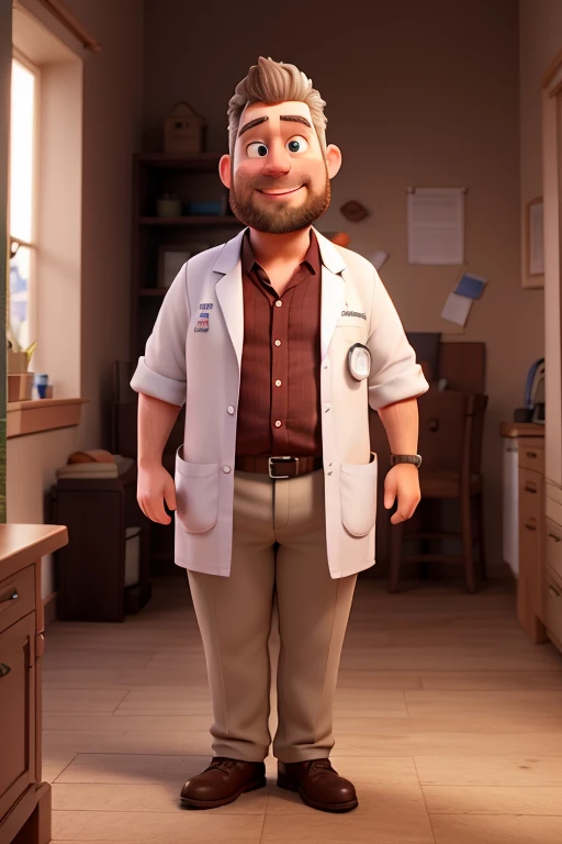 Tall chubby white doctor with light eyes and a short beard