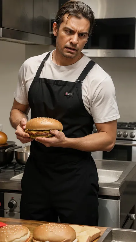 Man angry, sweaty work uniform, cooks fast food burgers