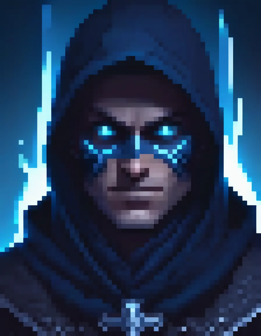 a thief character with a dark hood, glowing eyes, blue magical effects, holding a knife, close-up headshot, detailed facial features, high quality, cinematic lighting, digital art, concept art style