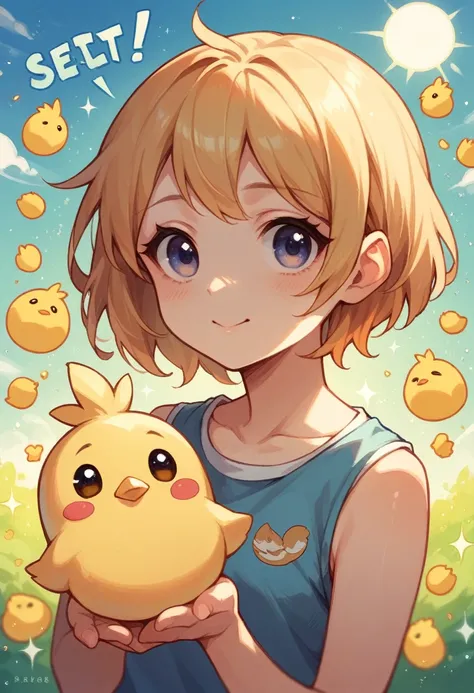 cute yellow chick, cartoon,arms, hands ,cute eyes, looking at viewer, arms, effects background, particles, random, sun day