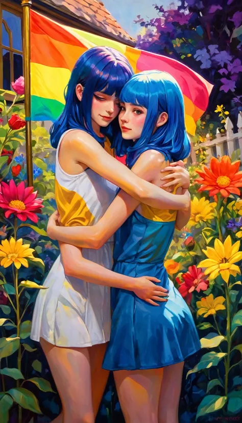 a beautiful girl with long flowing hair, a girl with short blue hair, two girls hugging and embracing, two girls holding hands, two girls in a garden, two girls surrounded by colorful flowers, two girls with pride flags, two girls with loving expressions, ...