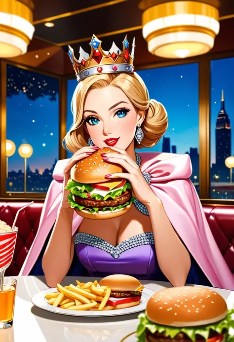  picture of a royal adult queen eating a juicy hamburger, royal queen, blond hair, in a bun, dynamic eye color, wearing a royal (crown:1.2). elegant crown, glamour crown, wearing elegant dress, royal dress, royal cloak, high fashion, wearing high heels, si...