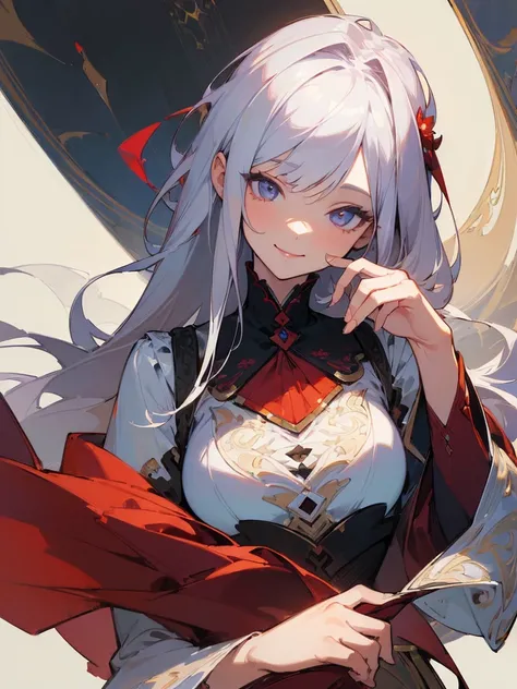 (masterpiece, illustration, best quality, detailed,highres:1.4), a lady, red iris, smiling, beautiful, white hair, tilting head, hand supporting chin, 