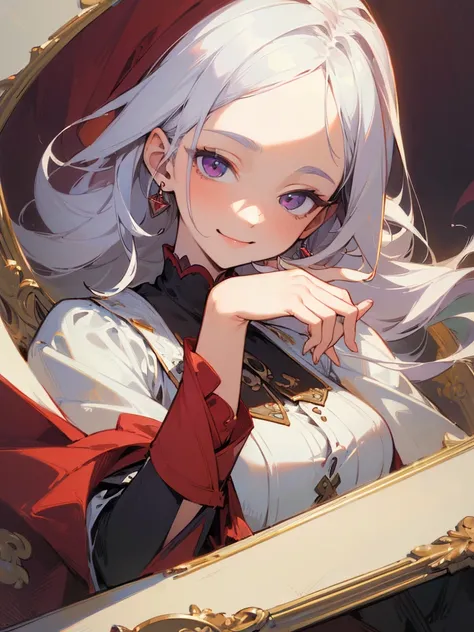 (masterpiece, illustration, best quality, detailed,highres:1.4), a lady, red iris, smiling, beautiful, white hair, tilting head, hand supporting chin, 