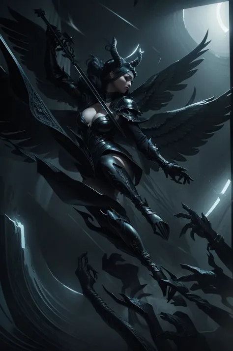 blindfolded, Divine judgement, sending from the sky, dynamic pose, A beautiful angel woman with huge wings, giant horns, facing forward, in a melancholy pose, with a beautiful sharp face, ultra-detailed, hyper realistic, cinematic lighting, dark moody colo...