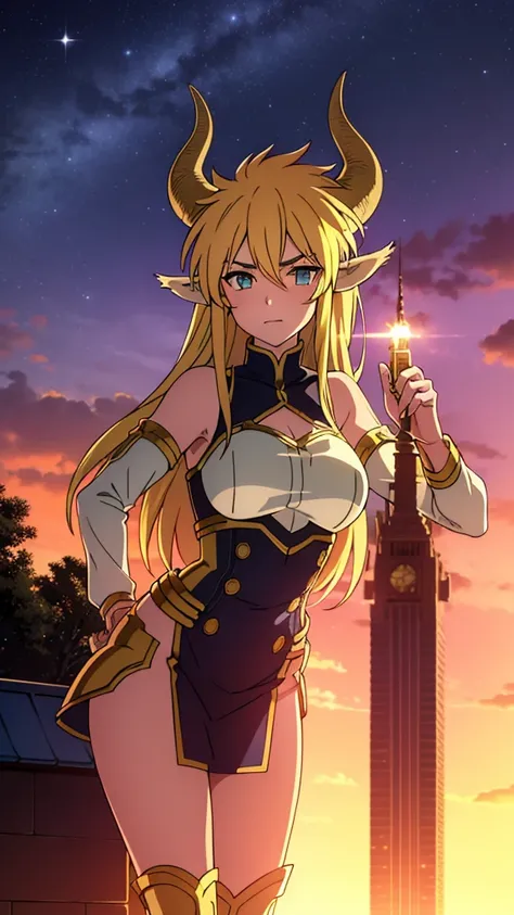 dreamy, colorful, sharp focus,fine detail, 8k resolution, ((glowing lights)),sunset sky,city,trees,1girl,20 years old,solo,long hair,blond hair,horns,golden armor,cow ears,golden statue,on top of a skyscraper