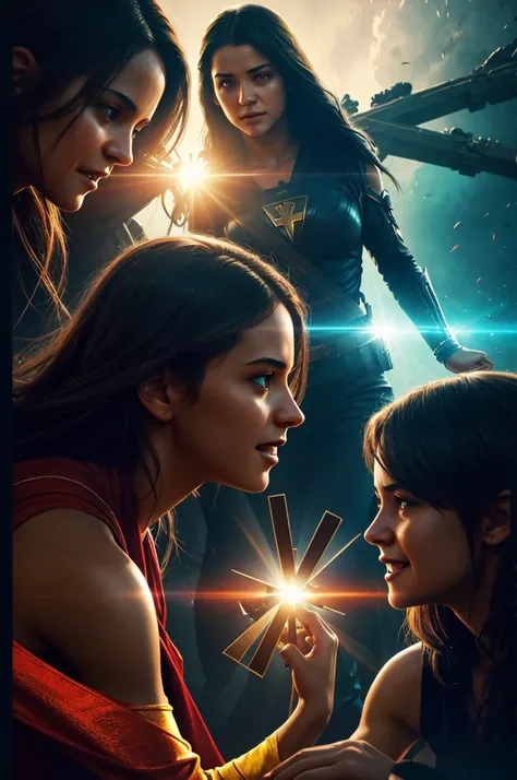 Intensely the film, a captivating poster for the superhero movie. The composition exudes cinematic lighting and color grading. A view of four teenage girls talking and laughing. Behind is the scene of Israel, of the Cross where Jesus was crucified. .A brig...