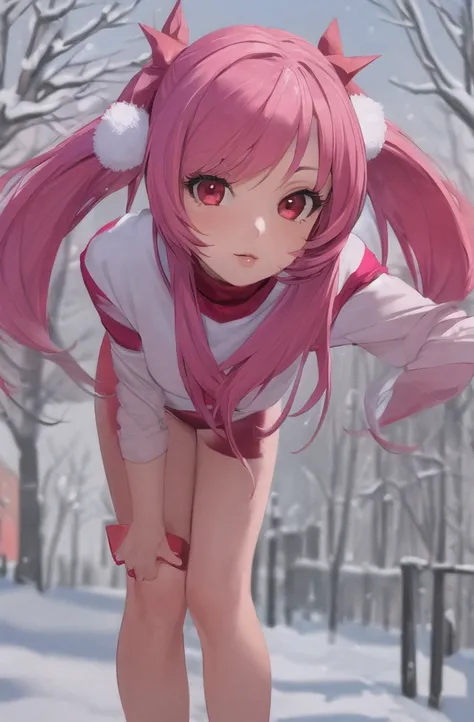 ((masterpiece)), (best quality), (detailed), 1girl,
looking at viewer,  (lipstick:0.75), leaning forward,
long pink hair, twintails,
colorful thighighs,
winter, vivid colors,
 