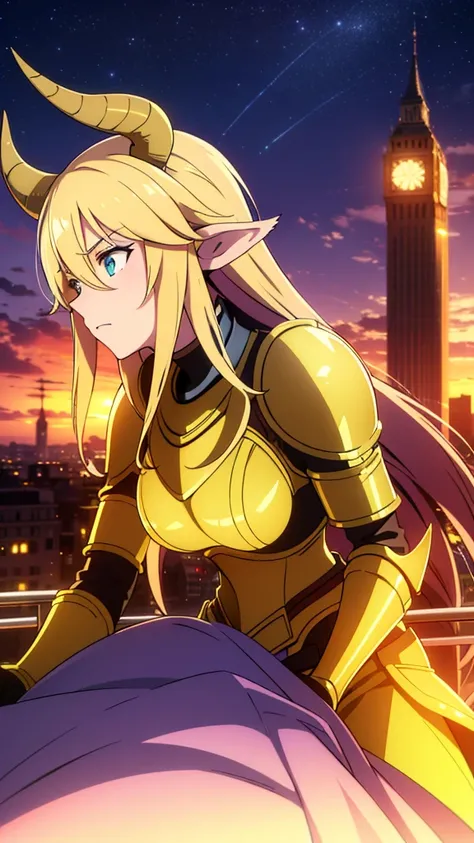 dreamy, colorful, sharp focus,fine detail, 8k resolution, ((glowing lights)),sunset sky,city,trees,1girl,20 years old,solo,long hair,blond hair,horns,golden knight armor,cow ears,golden statue,on top of a skyscraper