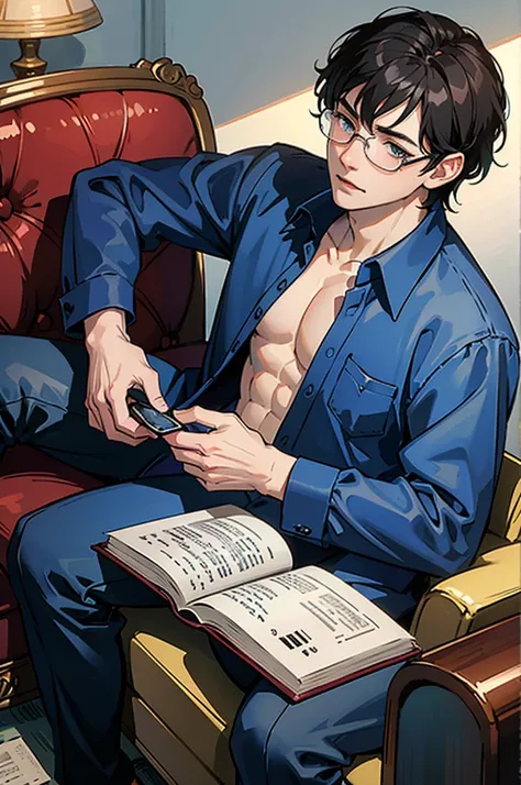 ((8K, masterpiece, high quality)), anime character, 1 man, young man, ((medium hair)), black hair, bangs between the eyes, Light blue eyes, pale skin, glasses, soft and passionate expression, sweet smile, very flushed cheeks, without shirt, photo shoot, po...