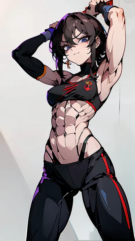 Megumin, six pack abs, muscular arms, red sports bra, black sports leggings, hair short, gym, Bodybuilder Girl, perfect abs, six pack abs, perfect body, posing, huge muscle, hyper muscle, tall women, muscular girl