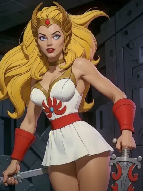 raw photo of a 1 girl, (Alone:1.3), 1 girl, Alone, she-ra, wide, by rubio, Blue eyes, tiara, White dress, choker, red layer, make up, lipstick, old, medium old, brace, wristband, looking at the viewer, portrait, weapon, sword, layer, parody, Grayskull Swor...