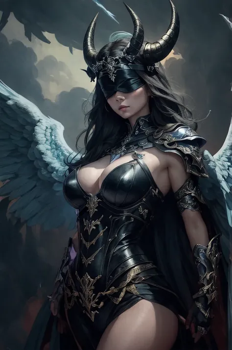 blindfolded, Divine judgement, sending from the sky, dynamic pose, A beautiful angel woman with huge wings, giant horns, facing forward, in a melancholy pose, with a beautiful sharp face, ultra-detailed, hyper realistic, cinematic lighting, dark moody colo...