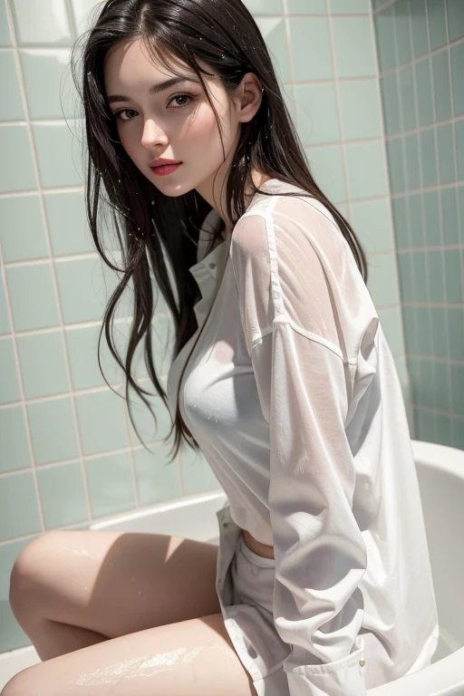 ((best quality)), ((masterpiece)), (detailed), Beautiful girl, taking a shower, black hair, green eyes, pink lips and fair skin, sitting in the bathtub in a soaked white shirt, full body, 9x16 photo, 