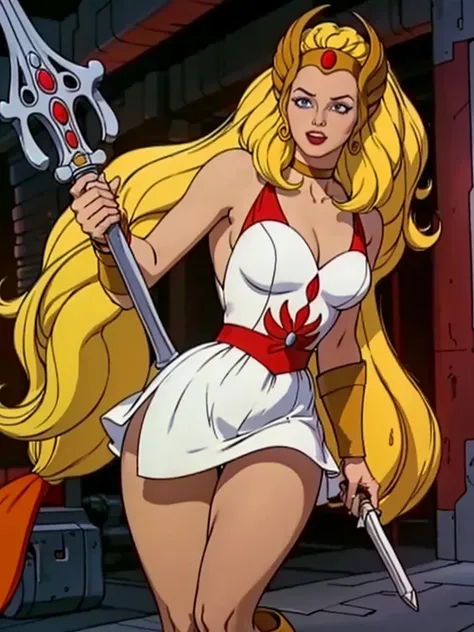 raw photo of a 1 girl, (Alone:1.3), 1 girl, Alone, she-ra, wide, by rubio, Blue eyes, tiara, White dress, choker, red layer, make up, lipstick, old, medium old, brace, wristband, looking at the viewer, portrait, weapon, sword, layer, parody, Grayskull Swor...