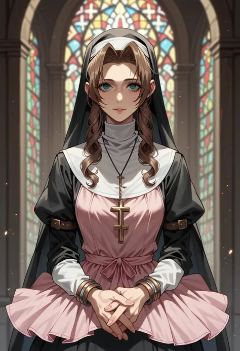 aerith in her nun&#39;s garb、(ahegao 3)、peeing with panties on、sitting in a church chair、bow-legged、(grinning 3)、looks happy、rol...