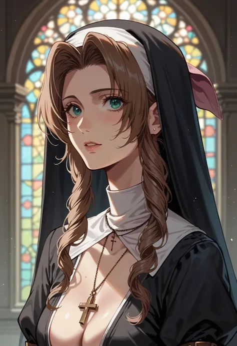 aerith in her nun&#39;s garb、(ahegao 3)、peeing with panties on、sitting in a church chair、bow-legged、(grinning 3)、looks happy、rol...