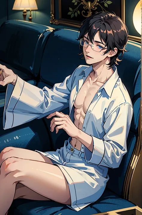 ((8K, masterpiece, high quality)), anime character, 1 man, young man, ((medium hair)), black hair, bangs between the eyes, Light blue eyes, pale skin, glasses, soft and passionate expression, sweet smile, very flushed cheeks, without shirts, naked chest, p...