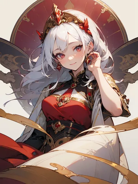 (masterpiece, illustration, best quality, detailed,highres:1.4), a lady, red iris, smiling, beautiful, white hair, tilting head, hand supporting chin, red iris, golden dress, empress headdress, white hair,