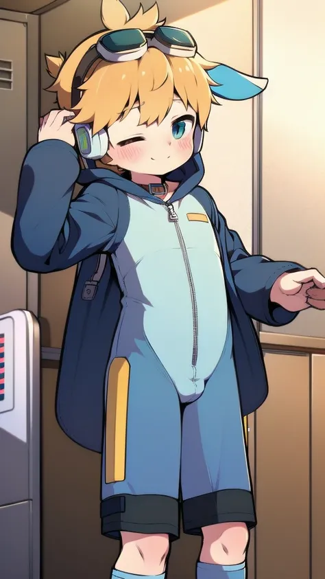 2D Boy Shota，One-piece mountaineering suit，Slim, healthy body，Put the headphones on your head，Standing，goggles，Rabbit ears，happy，Sailor collar，tie，Zipper pulled down，hood，blush，dormitory