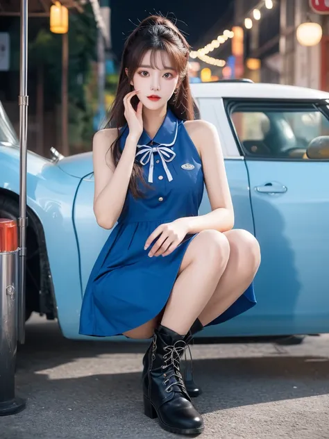 Beautiful woman wearing a blue Wearing uniform korea style clothes mini dress with decorations on the shirt and visible shoulders and wearing boots and being photographed with a background And you are in a wonderland world,Korean style swag, beautiful face...