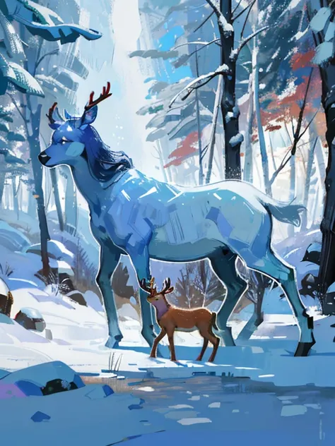 deer in a snowy forest with frost and snow trees., elk, pearlescent sunlight, autumn forest, among Matorrales of plants, ，correct simple compostiotomy，surreal dreams，Surreal art fantasy style.，Epic digital fantasy art style.