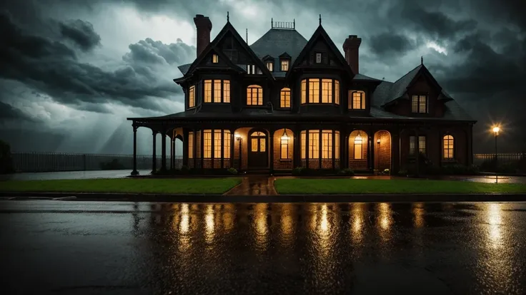 a night scene of an urban house in the rain, detailed architecture, dramatic lighting, moody atmosphere, cinematic, dark clouds, heavy rain, puddles, gloomy, old building, Victorian style, brick walls, arched windows, ornate details, weathered, atmospheric...