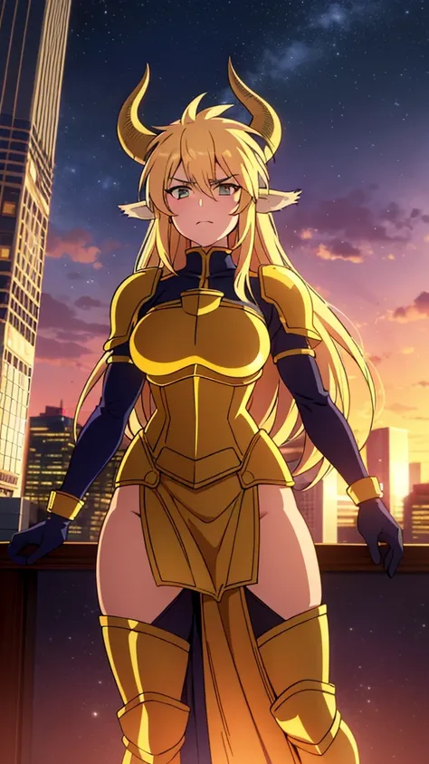 dreamy, colorful, sharp focus,fine detail, 8k resolution, ((glowing lights)),sunset sky,city,trees,1girl,30 years old,solo,tall,serious,long hair,blond hair,horns,golden knight armor,cow ears,golden statue,on top of a skyscraper