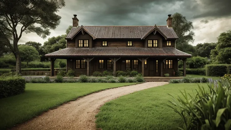 a remote countryside house, detailed exterior, beautiful garden, lush greenery, rustic wooden fence, winding path, overcast sky, dramatic lighting, cinematic composition, photorealistic, 8k, high quality, masterpiece