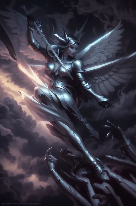 blindfolded, Divine judgement, sending from the sky, dynamic pose, A beautiful angel woman with huge wings, 2 giant horns, facing forward, in a melancholy pose, with a beautiful sharp face, ultra-detailed, hyper realistic, cinematic lighting, dark moody co...