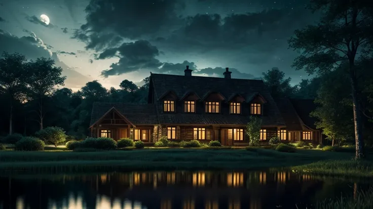 a remote countryside house at night, detailed architectural exterior, atmospheric lighting, dramatic cloudy sky, moonlight, fireflies, stars, reflections in a pond, lush forest in the background, photorealistic, cinematic, dramatic, moody