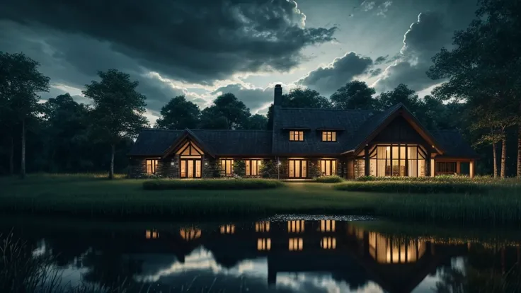 a remote countryside house at night, detailed architectural exterior, atmospheric lighting, dramatic cloudy sky, moonlight, fireflies, stars, reflections in a pond, lush forest in the background, photorealistic, cinematic, dramatic, moody